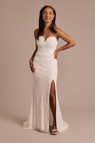 View Galina Signature Beaded Strapless Plunging Sheath Wedding Dress in all available color and sizes Picture of Beaded Strapless Plunging Sheath Wedding Dress